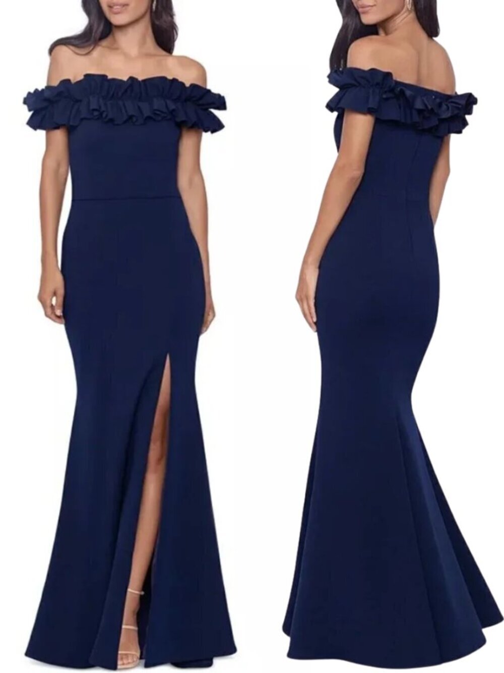 XSCAPE Scuba Crepe Ruffled Off Shoulder Gown in Navy Sz. 6 NWT